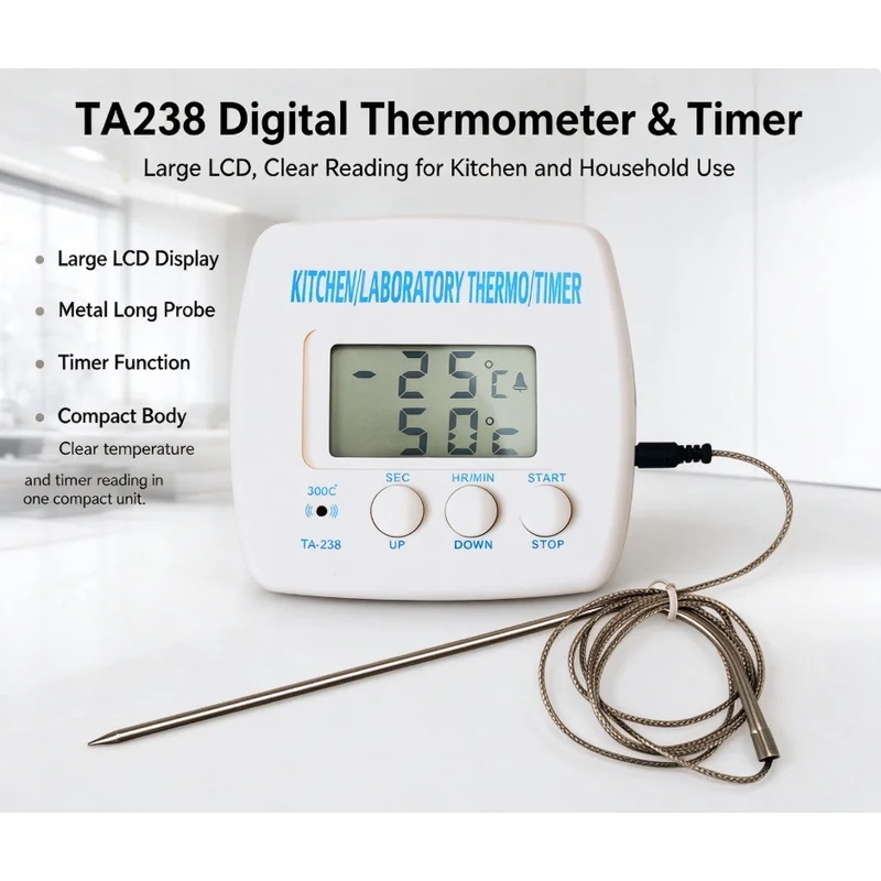 Digital Food Thermometer TA238 with Timer & Temperature Alarm, Split Type Long Stainless Steel Probe Cooking Thermometer for BBQ