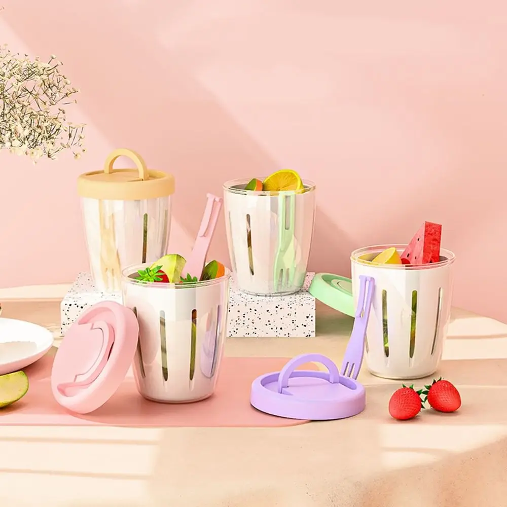 

2pcs Plastic Double-layer Fruit Salad Cup Food Grade Sealed Fruit Salad Storage Cup Leakproof Built-in Fork Fruit Cup Student