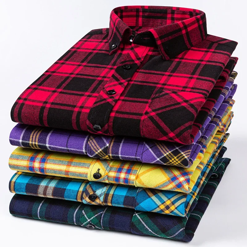 Nowa jesienno-zimowa moda męska Casual Flanelowe koszule z długim rękawem w kratę S-8XL Regular Fit Pocket Businessman Dress Shirts Daily