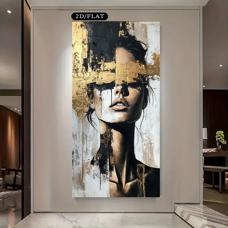1pc2D Flat Frameless Canvas Extra Large Modern Abstract Female Face Canvas Art- Black and White Golden Frameless Wall Sticker fo - view 2