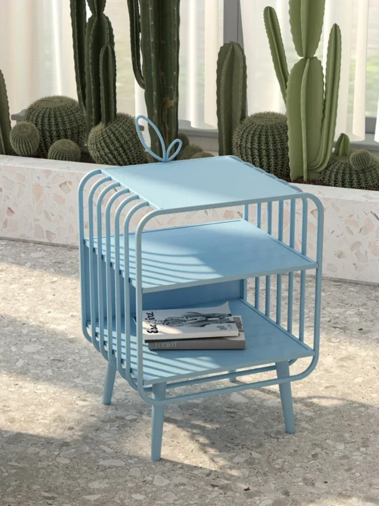 Childlike Iron Bedside Table: Open Storage, Blue and White Design, Light Luxury Nordic Style, Simple Modern Nightstand