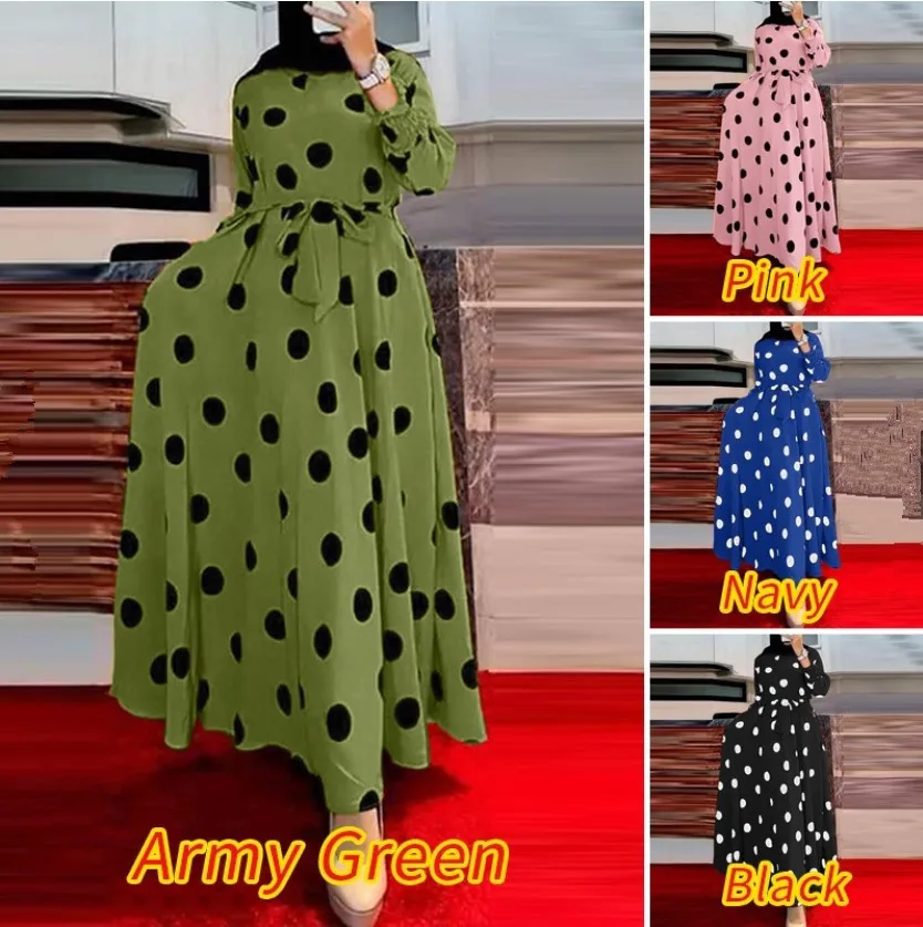 Muslim printed polka-dot long-sleeved loose swing dress woman