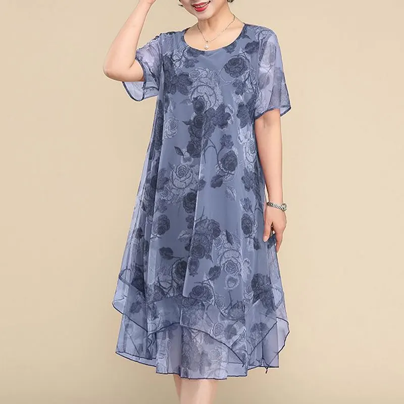 Vestidos de manga corta con cuello redondo para mujer, ropa Vintage con estampado Floral de gasa empalmada, vestido Midi holgado Irregular elegante para verano, 2023