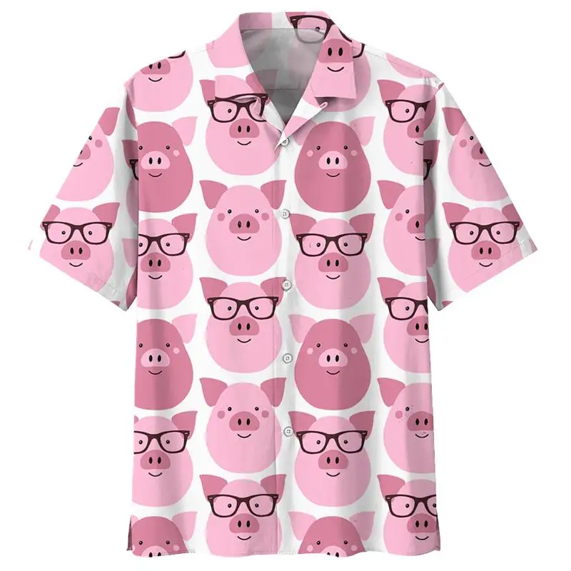 

Cartoon Pig Pattern Hawaiian Shirt For Men 3D Printed Animals Short Sleeves Summer Lapel Oversized Shirts Street Button Blouses