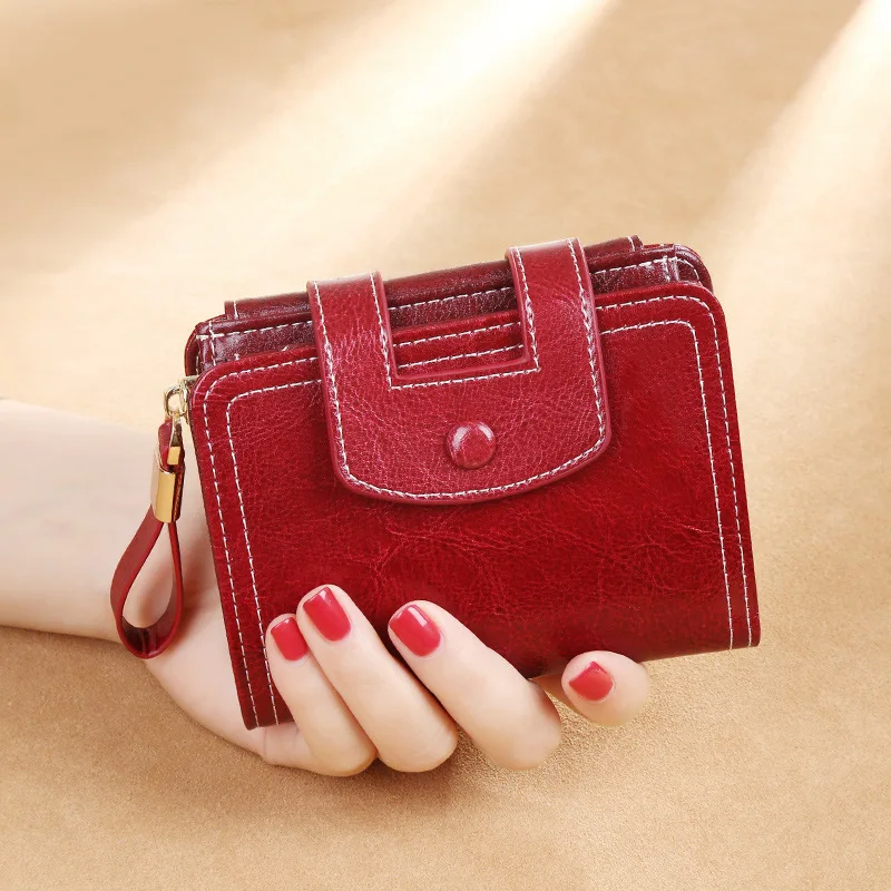 Retro Textured Foldable Wallet Snap Closure Side Zipper Pocket Multi-layer Card Holder with Transparent ID Window