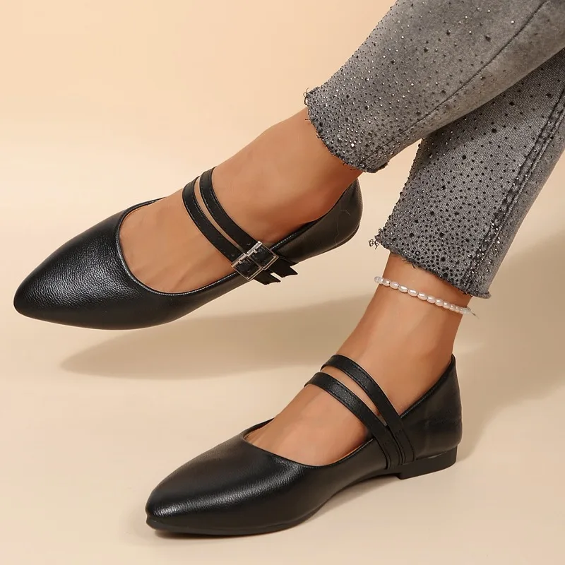 

Women Work Shoes 2025 Autumn New Buckle Large Size 36-44 Zapatos Mujer Pointed Top Flats Platform Shallow Pu Leather Shoes Woman
