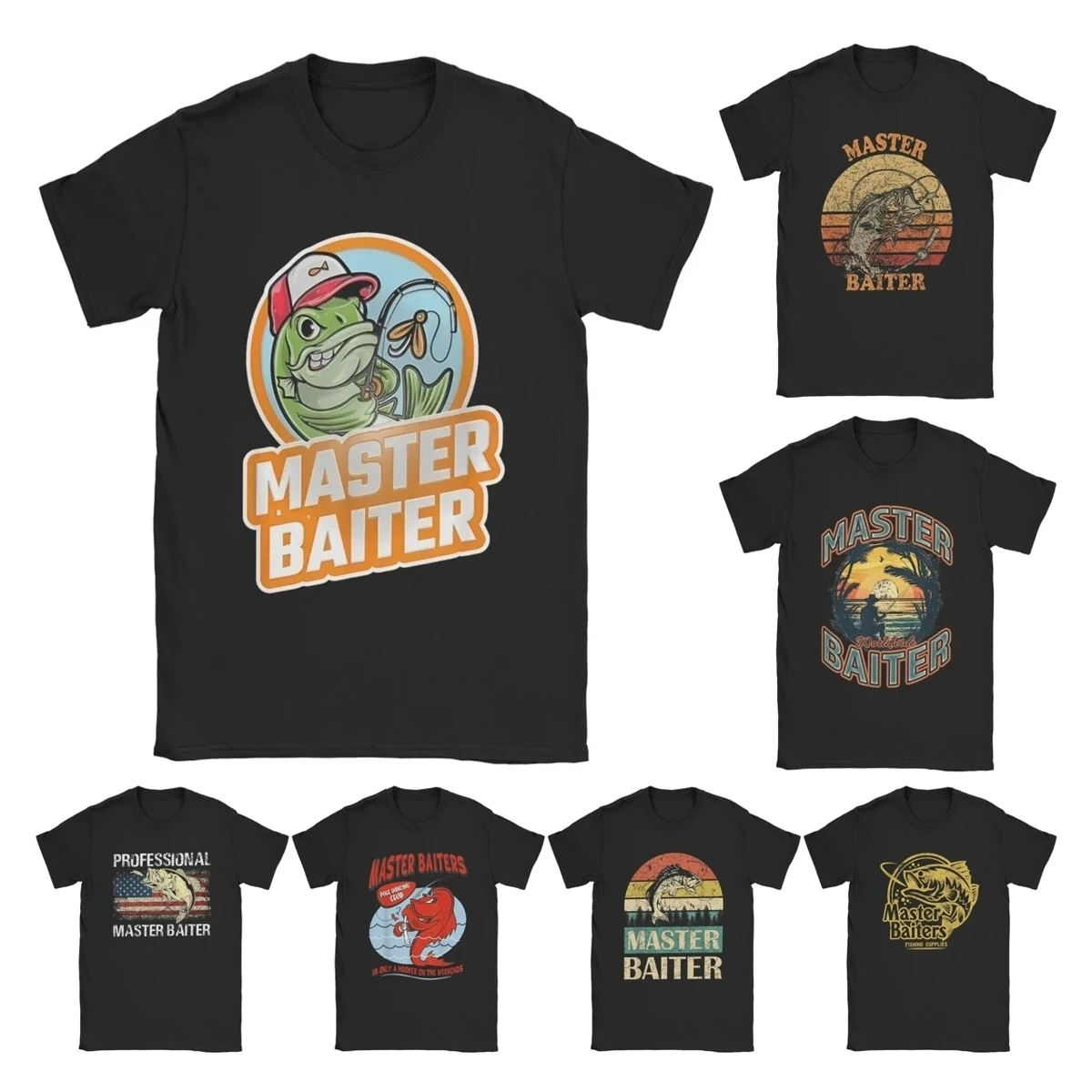 Men Master Baiter T Shirts 100% Cotton Tops Funny Fishing Skills Tees Printed Humor Fisherman Jokes Rod Pole Grandpa T-Shirt