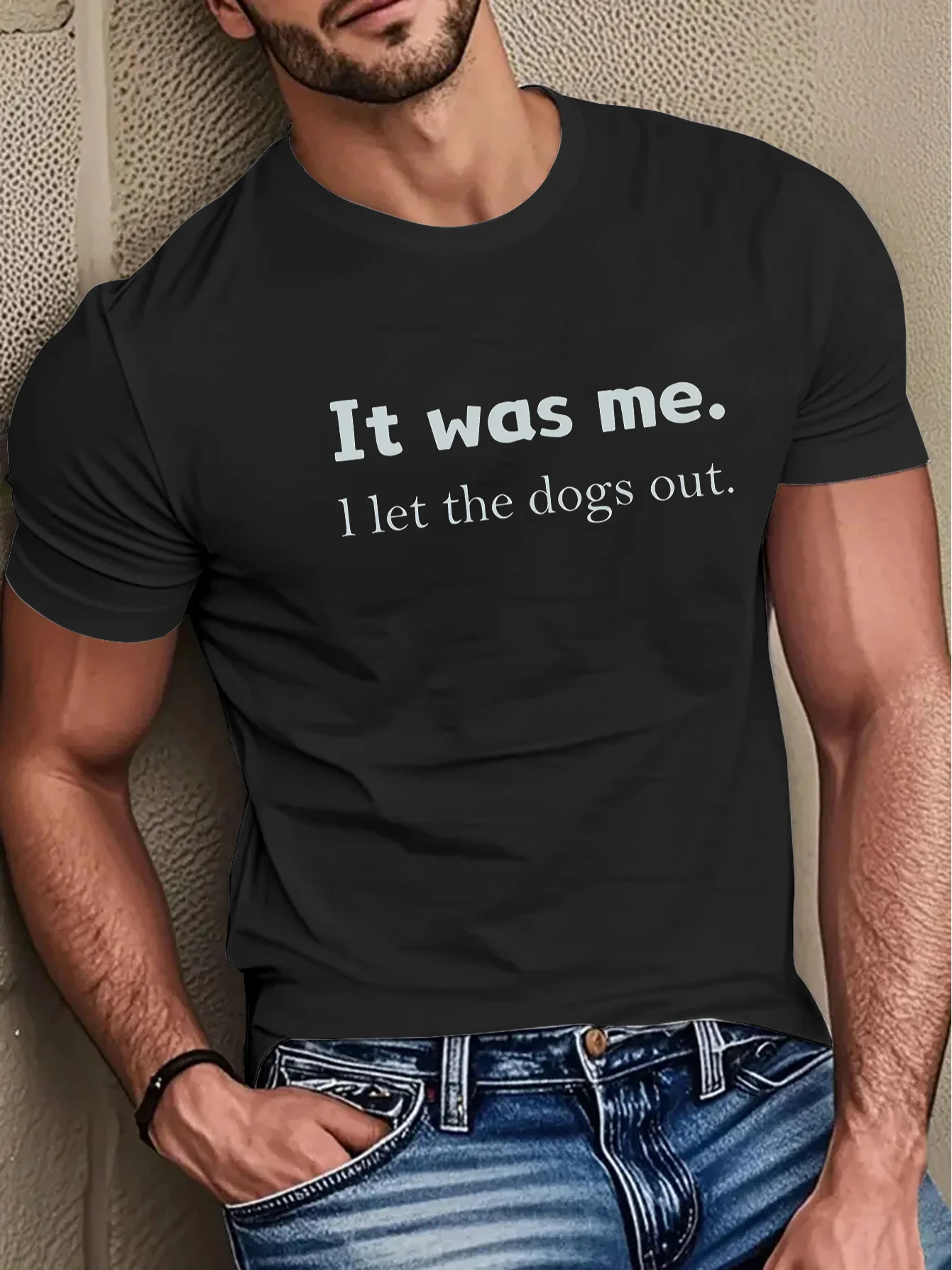 Men's Fun Graphic T-Shirt | 'I Let the Dog Out' Humorous Design, Green with White Print, Soft and Breathable Regular Fit, Loose Crew Neck, Comfortable Fabric, Casual Theme Activity for Summer Daily Wear, Create a Relaxed Style, Adult Men's Clothing