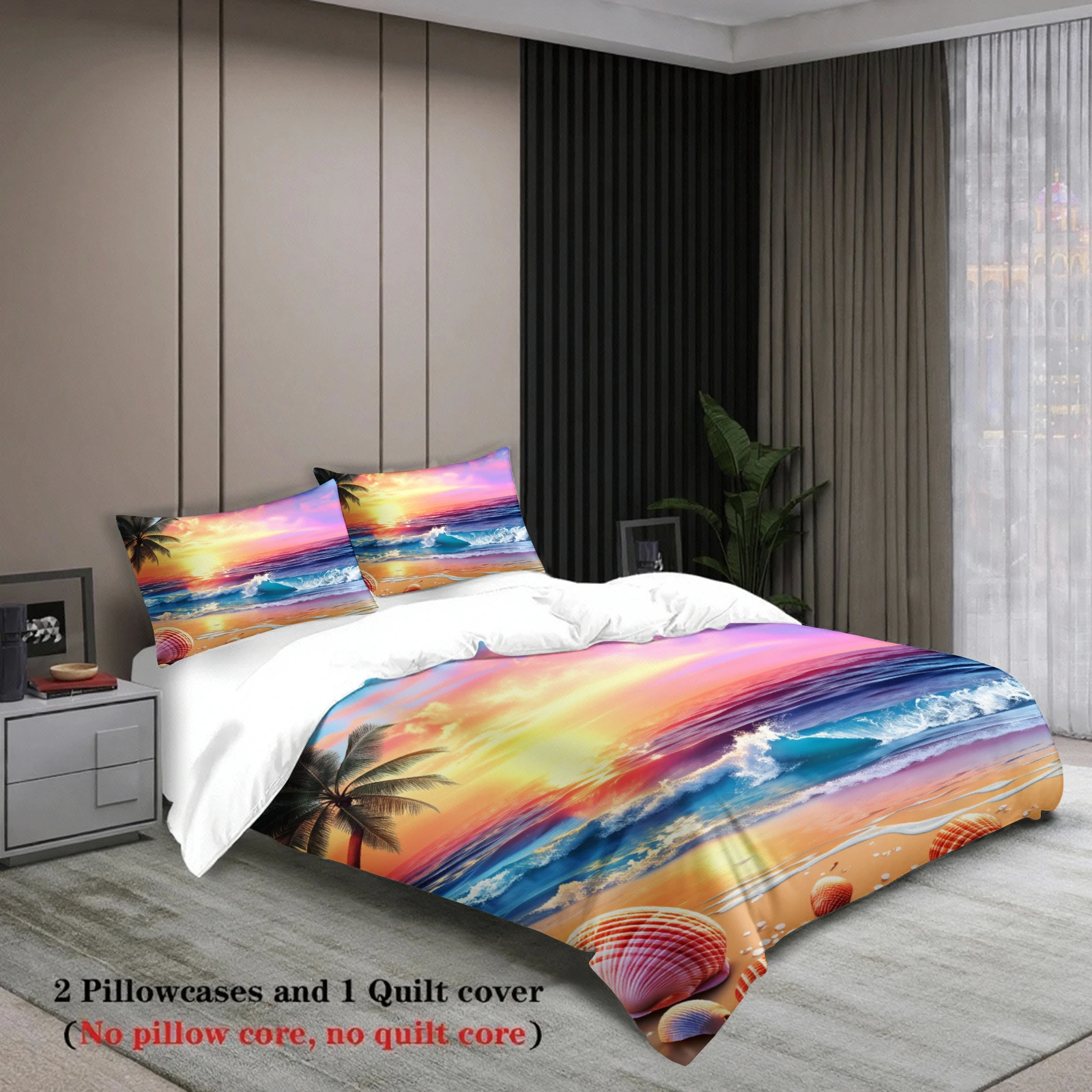Beach Sunset Bedding Set Multicolor Tropical Ocean Waves Palm Trees Seashells Print For Bedroom