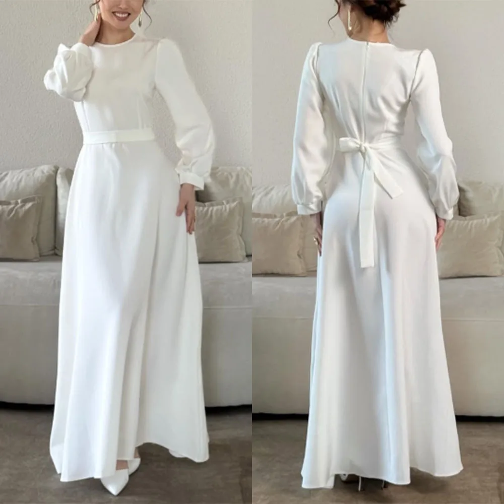 

High Quality Customized O-neck Full Sleeves Ankle Length Bow White Long Wedding Party Dresses Vestidos Elegantes Para Mujer Robe