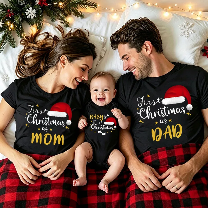 Family Matching Christmas T-shirt First Christmas As Mom Dad Brother Santa Hat Print Family Outfits Baby Romper Xmas Clothing view 3