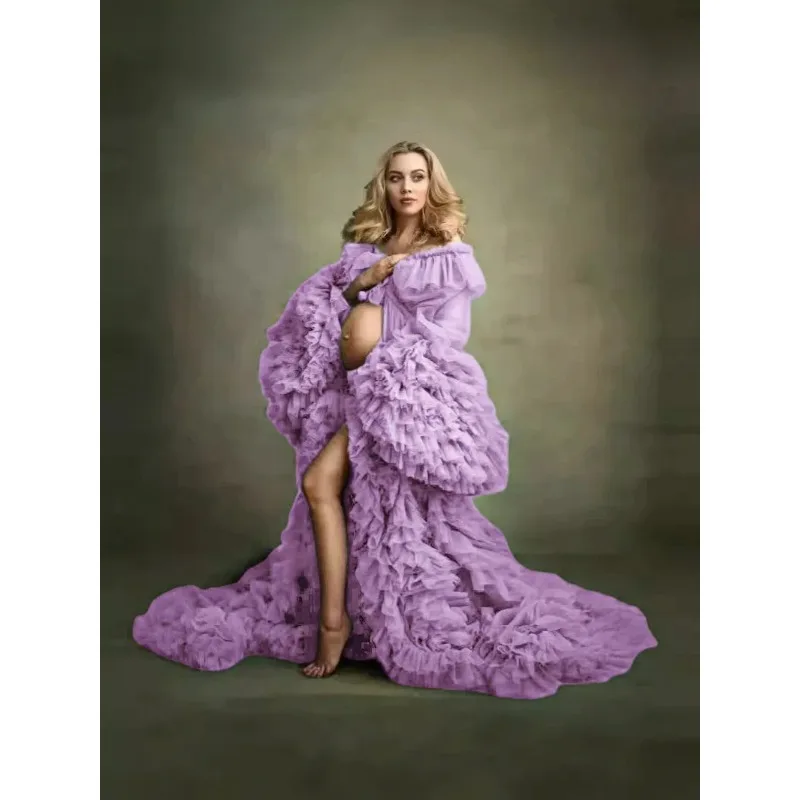 맞춤형 임부복 사진 촬영 드레스, 자수 튤 가운, 트레인 포토그래피 로브 (임산부용)