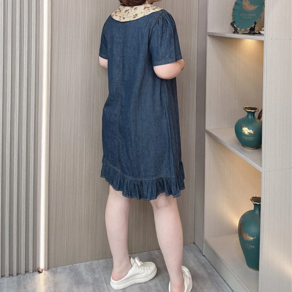 French Temperament Peter Pan Collar Short Sleeve Dress Women's Summer New Plus Size Thin Lyocell Denim Straight Dress