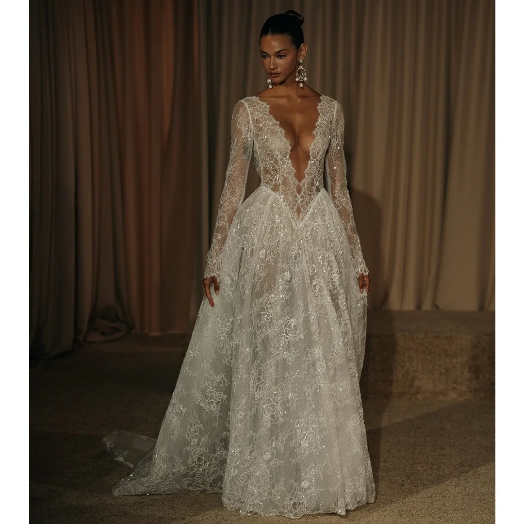 Boho Wedding Dresses Lace Sequins Shiny Wedding Party Dress Bride Deep V Neck Transparent Vestidos Customized