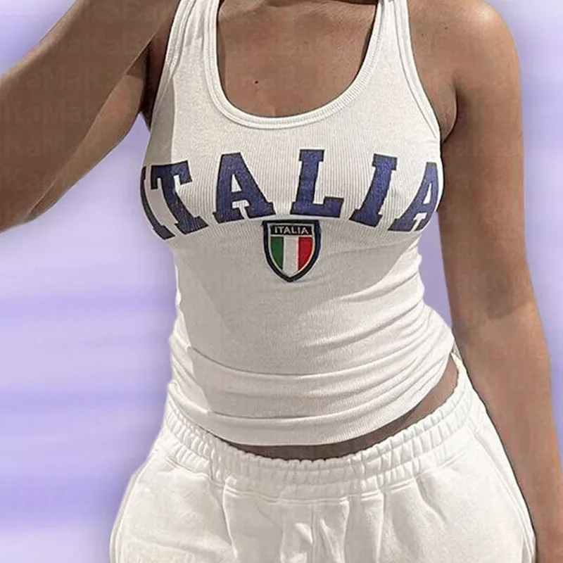 Summer Cute ITALIA Graphic Print Tank Tops Female Fairycore Vintage Crop Top E-girl Aesthetic Women's Y2K T-shirt Clothes Emo