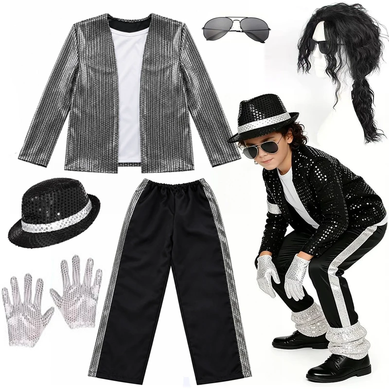 70s 80s Children Vintage Superstar Cosplay Outfit Sequined Jacket Stripe Pants Wig Hat Gloves Stage Show Costume 12Yrs