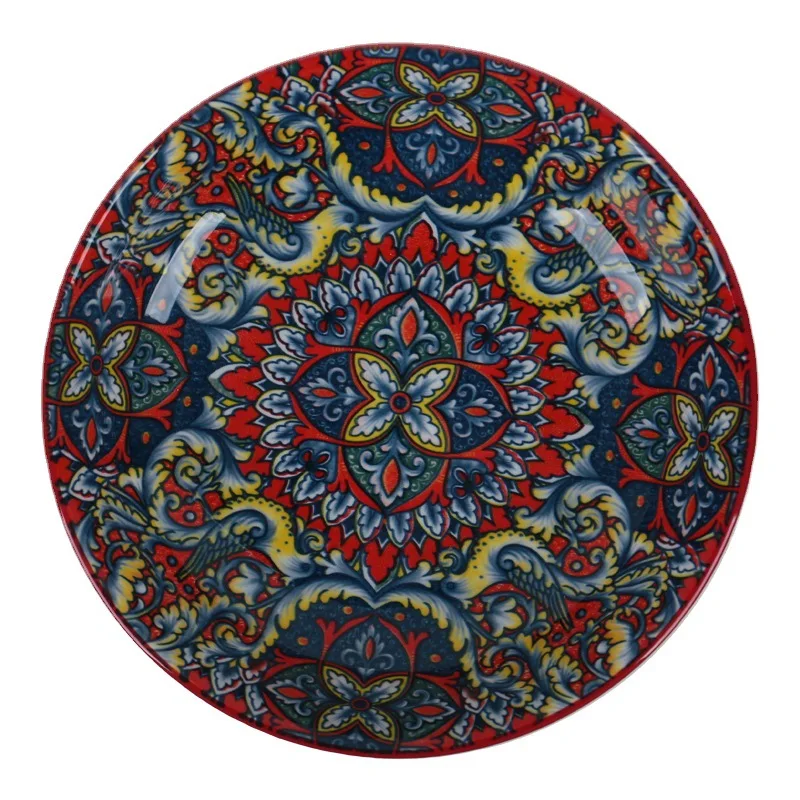 Bohemian style deep red wave ceramic tableware exotic style underglaze color plate handle plate rice bowl tree pattern soup bowl