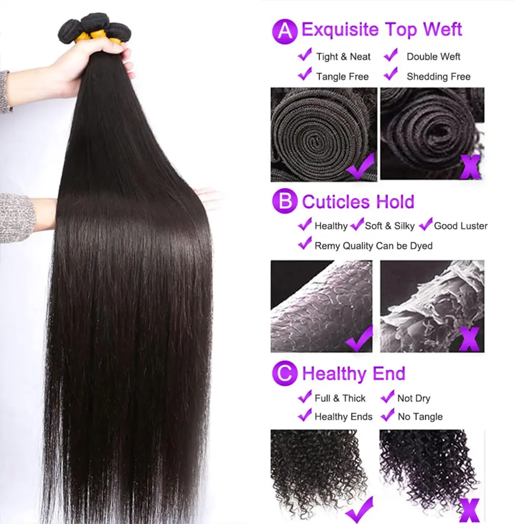 Rambut Virgin Brasil kelas 12A Lurus 3 bundel dengan bundel rambut manusia lurus Frontal dengan 13x4 warna alami renda Frontal