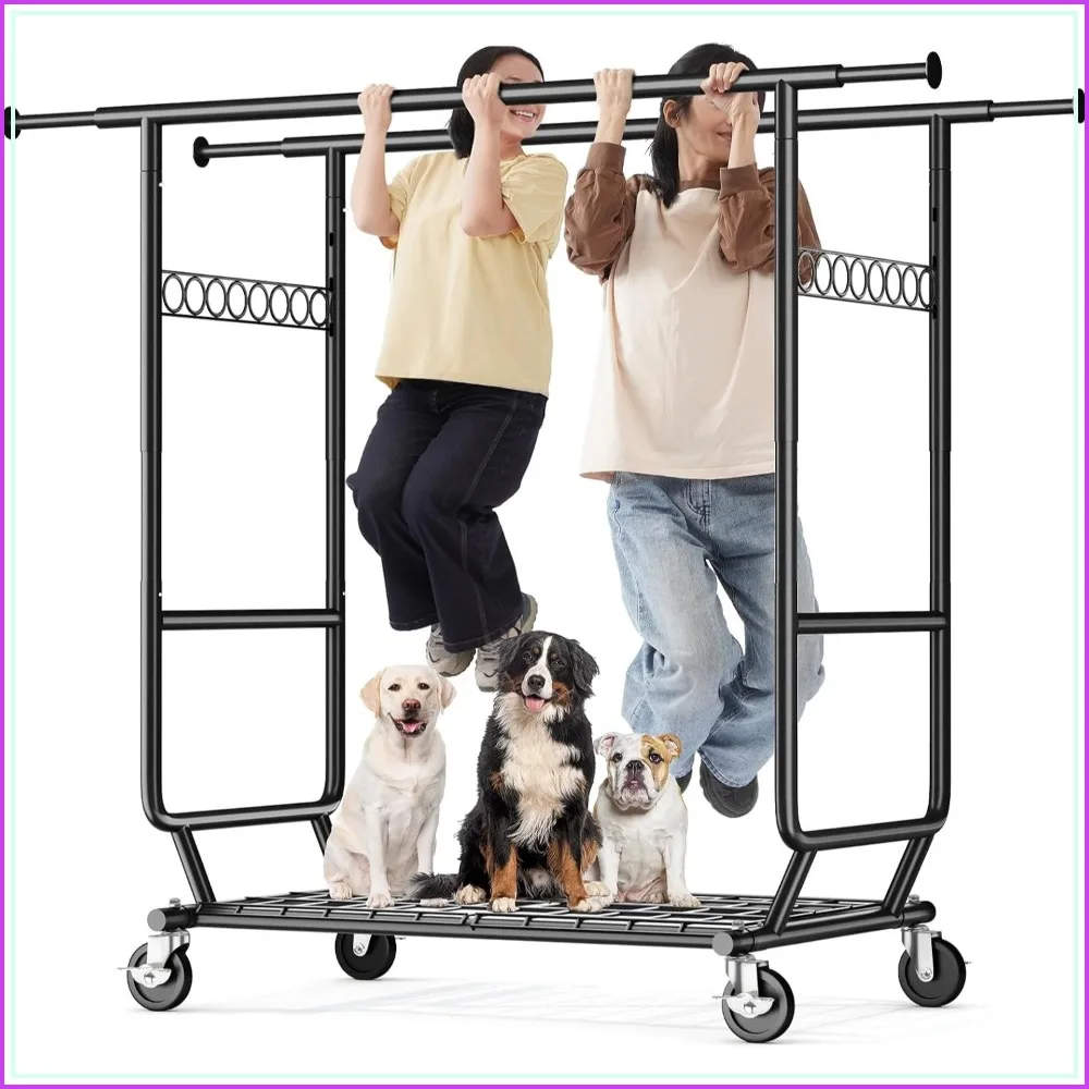 Heavy Duty Clothes Rack 650 LBS Load Capacity, Collapsible Double Rod Clothing Rack for Bedroom