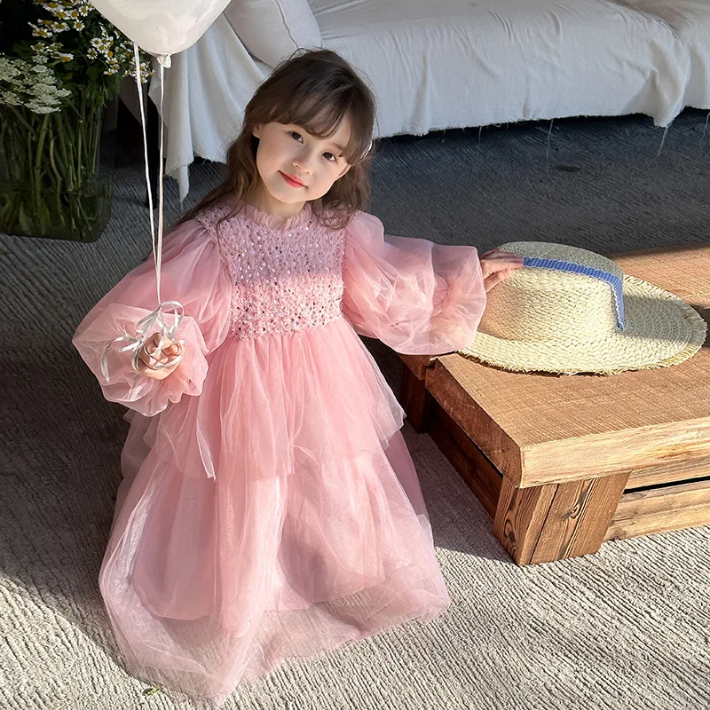 2024 children\'s dress children\'s long sleeved sequin dress medium and small girls cake fluffy gauze dress