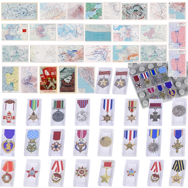 

WW2 Military European Campaign Map Printed Building Blocks US Britain Soviet Union Medal Army War Accessories Weapon Bricks Toys