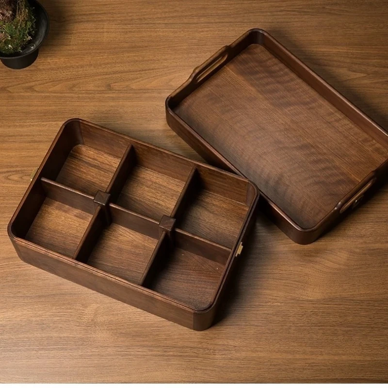 Black walnut solid wood dried fruit box New Chinese nut candy storage box Home living room Multi-layer snack grid tray