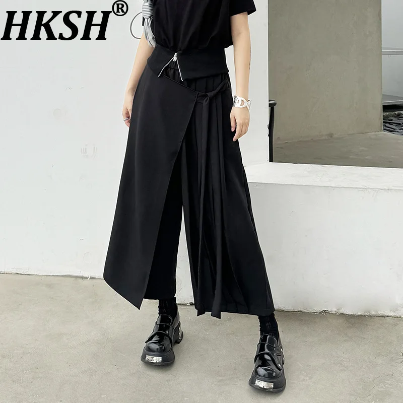HKSH Spring Autumn New Women Wide Leg Baggy Pants Asymmetric Pleated Elastic Waisted Versatile Elegant Trend Dark Casual HK16639