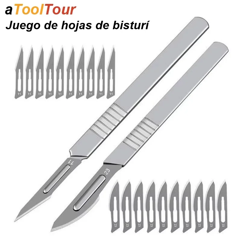 Cuchillo de papelería con hoja de bisturí, juego de mango quirúrgico, cortador profesional, artesanía, caja de Metal de acero al carbono, abierto, bricolaje, multiherramienta, 11, 23