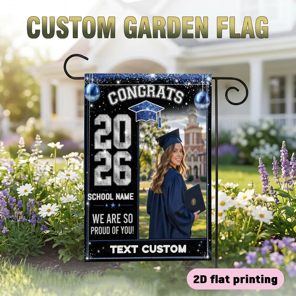 Garden flag custom Name Photo And School Name Black Blue Glitter Balloons Best product Gifts for Graduates - view 3