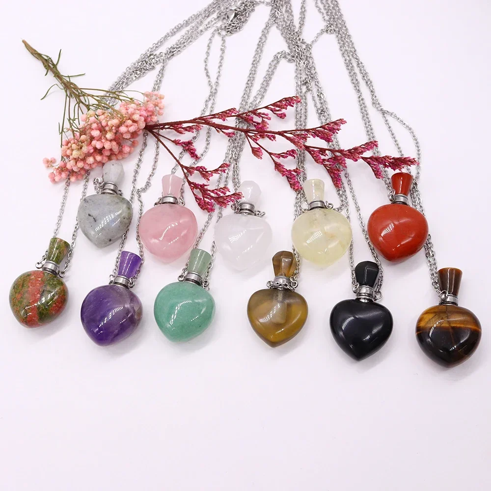 Natural Stone Perfume Bottle Necklace Healing Crystal Heart Pendant Essential Oil Diffuser Bottle Stainless Steel Chain Necklace