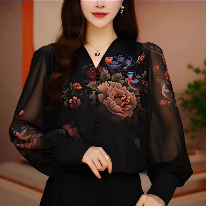 Spring Autumn V-neck Vintage Printed Long Sleeve Shirt Female Elegant Fashion All-match Pullover Blouse Womenoversized Blouse