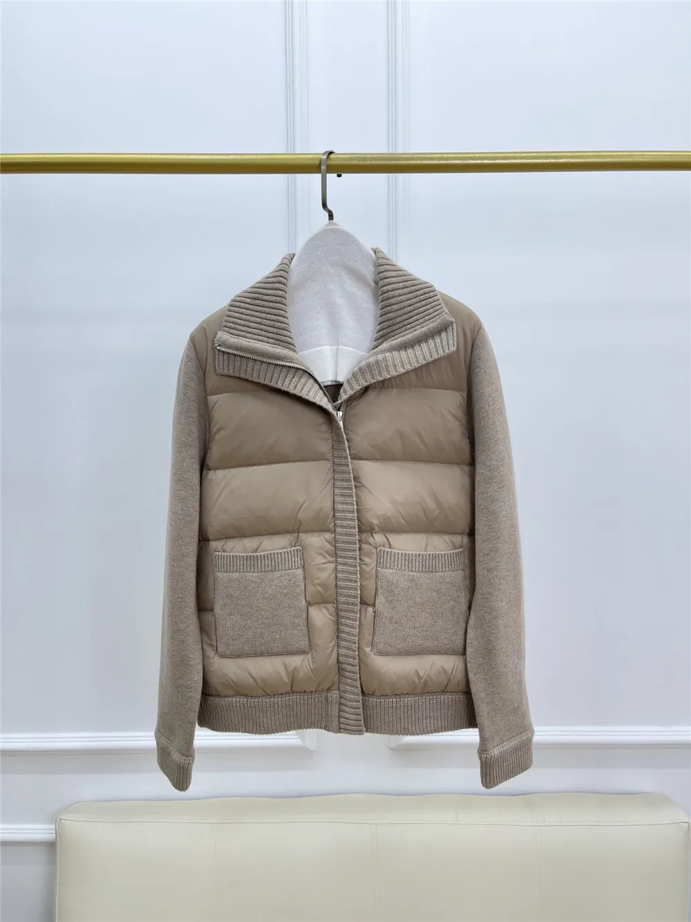 Cashmere Knitted Sleeve Paneled Goose Down Zipper Down J acket Coat Woman Autumn Winter L*p