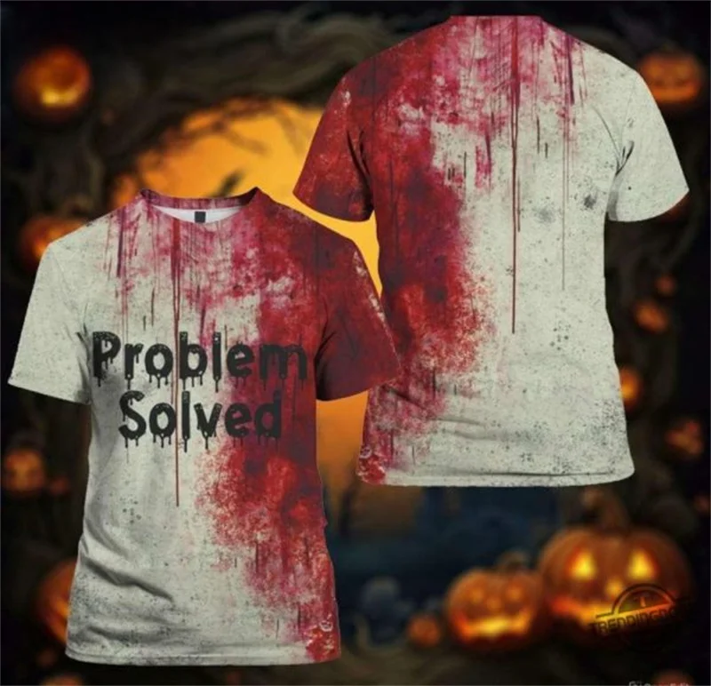 Men's Bloody Problem Solved Graphic T-Shirt Halloween TShirts Fashion Street Oversize Horrible Tee Shirt Halloween Short Sleeve