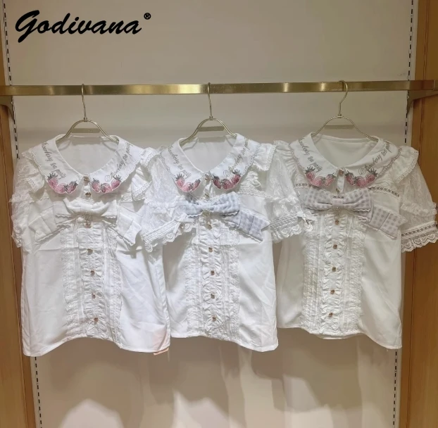 Japanese New Liz Plaid Bow Lolita Strawberry Embroidered Short Sleeve Shirt Women's Spring Summer Sweet Blouse Shirts