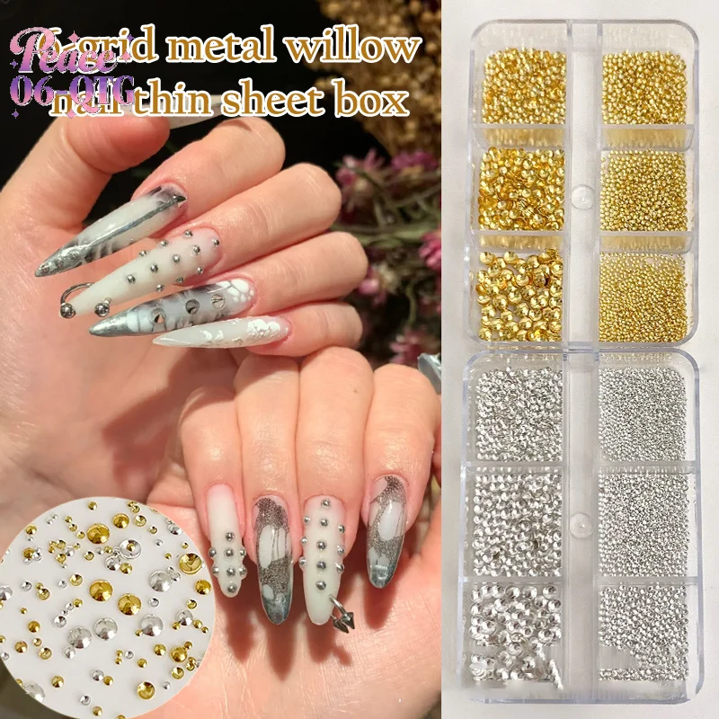 New Sale 6 Grid/box Gold Silver Half Round Rivets Nail Charms 0.8-3mm Flat Back Round Metal Nail Bead Micro Ball Manicure Bead