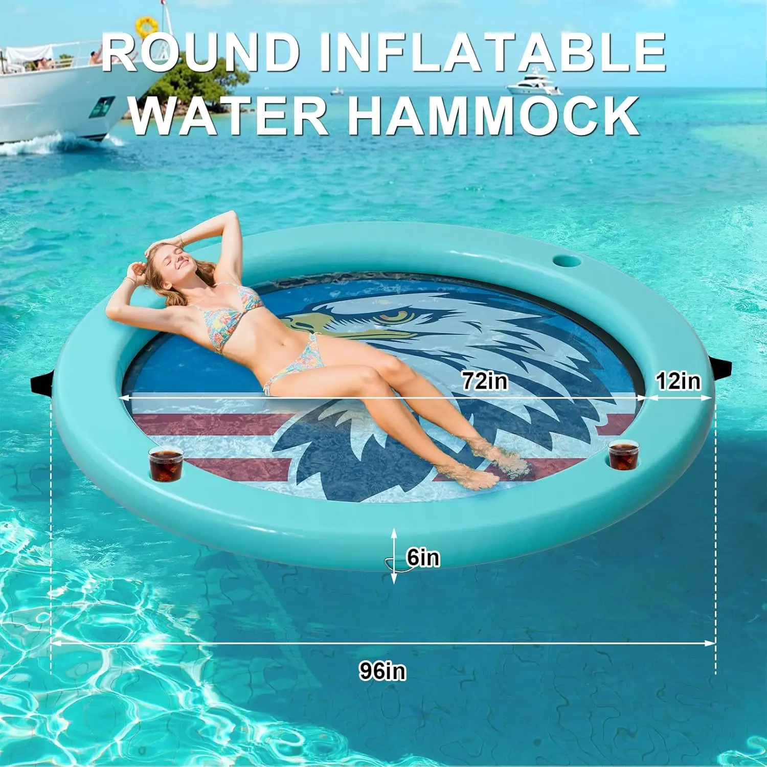 Round Inflatable Floating Island Lounge Platform, Heavy Duty Pool Lake River Float Ring with 6 Cup Holders, Inflatable Water Hammock for Adults Party Tanning