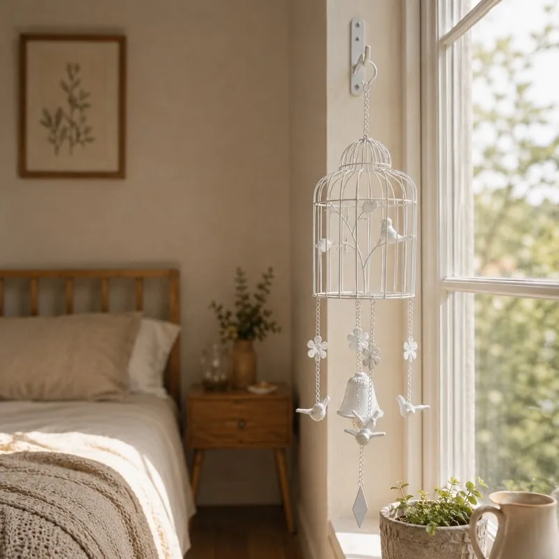 Wrought iron white bird cage wind chimes, courtyard balcony pendant, indoor bedroom wall literary decoration