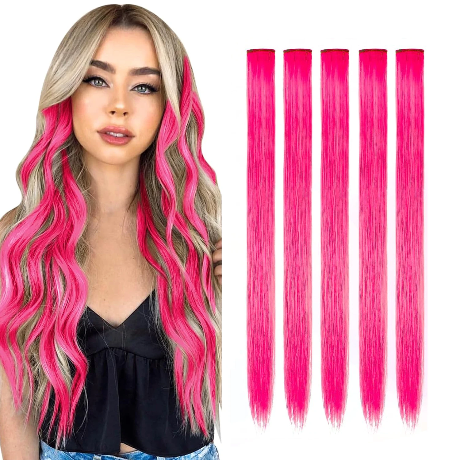 

22-дюймовые цветные накладные пряди для волос, яркие синтетические прямые пряди на заколках для женщин и девушек, для косплея и вечеринок