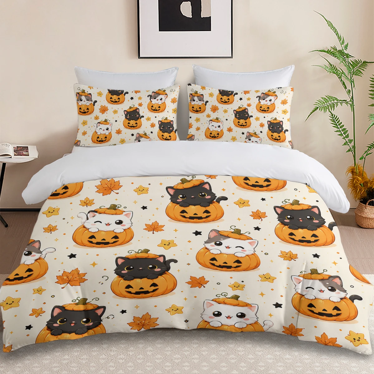 Halloween Duvet Cover Set 3PCS Cartoon Pumpkin Black Cat Witch Ghost Bat Candy Pattern Soft Bedding Set Bedroom Holiday Decor