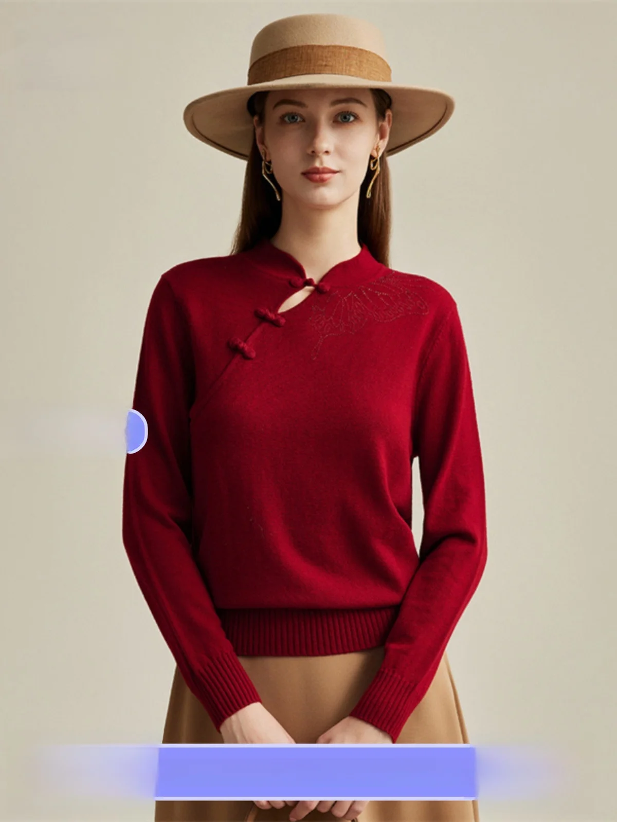 

Zhaojun 00% вязаный свитер из чистой шерсти, женский воротник красного цвета, осень-зима, новый китайский традиционный дизайн