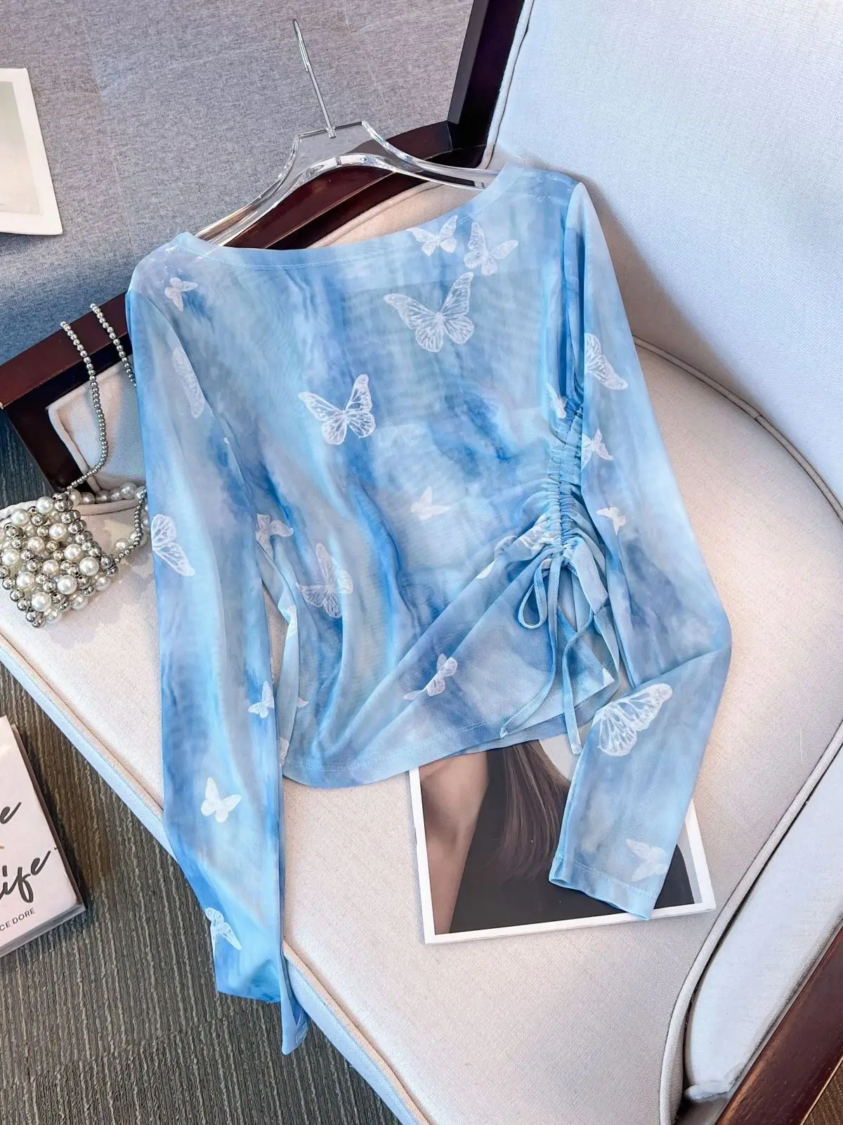 

Autumn Winter Gradient Butterfly Print Long Sleeve Mesh Sun Protective Blouse Women's Summer Drawstring Waist Irregular Hem Top