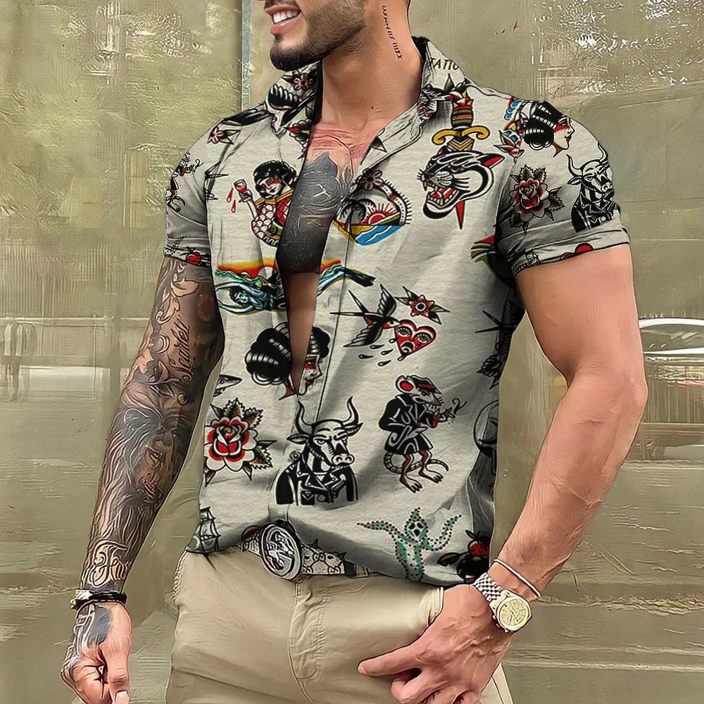 Summer Tattoo Shirt Hawaiian Men's Shirt Brand Short Sleeve T-shirt Men's Casual Top Fashion Button Collar Shirt Large Size