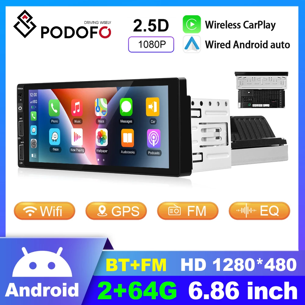 

Podofo 1 Din Android Car Radio Multimedia Playe Autoradio CarPlay 6.86 inch Car Stereo Player for VW Nissan Toyota Honda