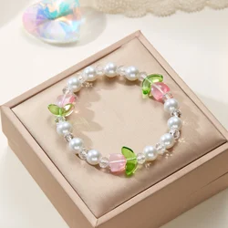 Japan Korea Sweet Tulip Bracelet for Women Elegant Candy Color Beaded Elastic Rope Flower Bracelets Girls Party Jewelry Gift