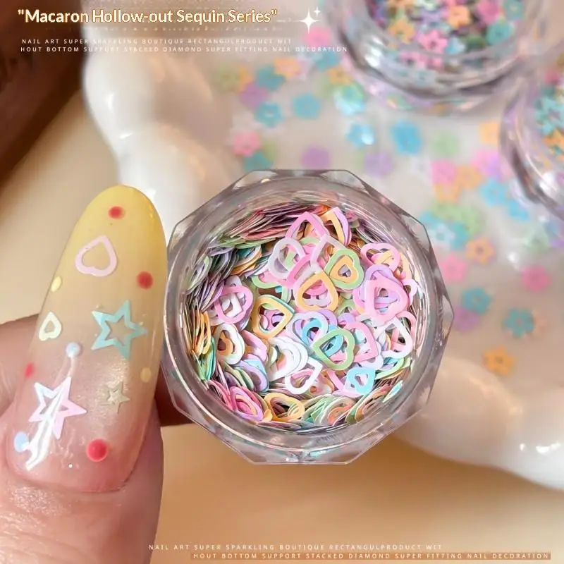 (.) Macaron Pastel Hollow Nail Art Glitter Sequins Various Shapes Soft Colors For DIY And Salon Nail Decoration