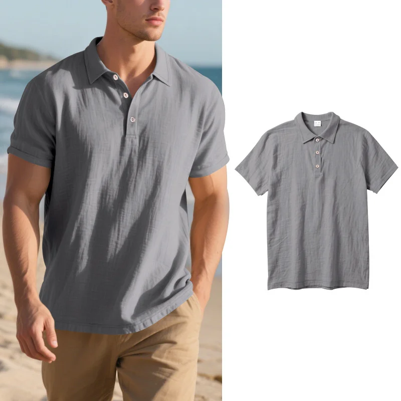 2025 Daily Casual Short Sleeve Linen Polo Shirt Mens Fashion Buttoned turn-down collar Shirt Summer Leisure beach men Polo Shirt