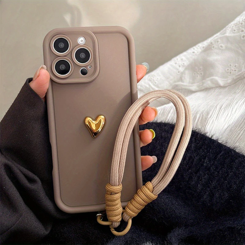 Niedliche koreanische 3D-Hülle mit goldenem Liebesherz für iPhone 16 Pro Max 15 14 13 12 11 18 17 E Plus, luxuriöse Hülle mit Handgelenkschlaufe – Detail 1