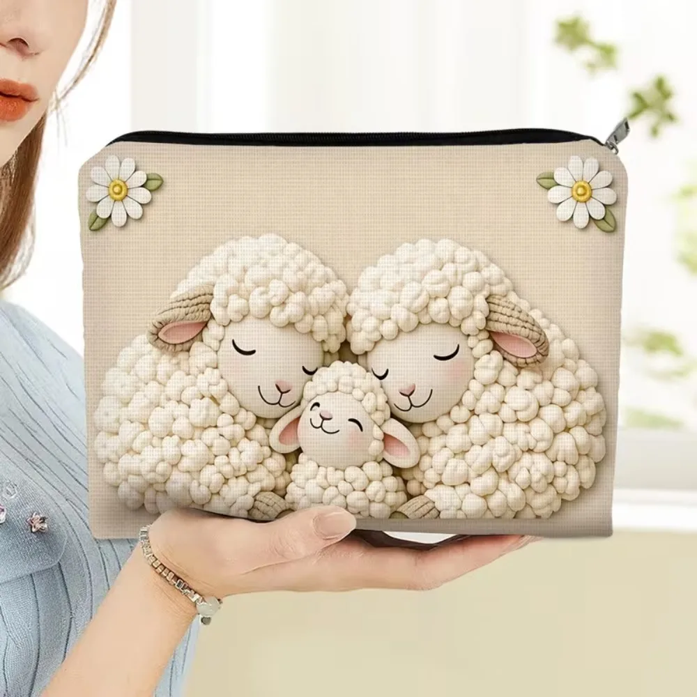 Kawaii Sheep Family Pattern Ladies Cosmetic Pouch White Daisy Ornament Portable Travel Zipper Bag Makeup Accessories Organizer