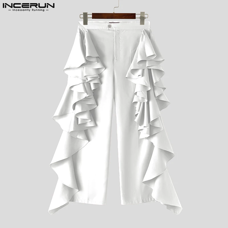 INCERUN 2025 アメリカンスタイルのズボンファッション新男性二層フラウンスパンツ男性カジュアル無地ワイドレッグパンタロン S-5XL