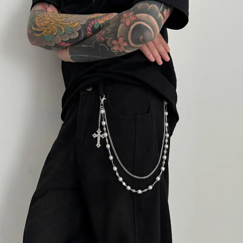 

Rock Imitation Pearl Punk Cross Pendant Jeans Chain Men's HipHop Belt Wallet Chain Pants Accessory